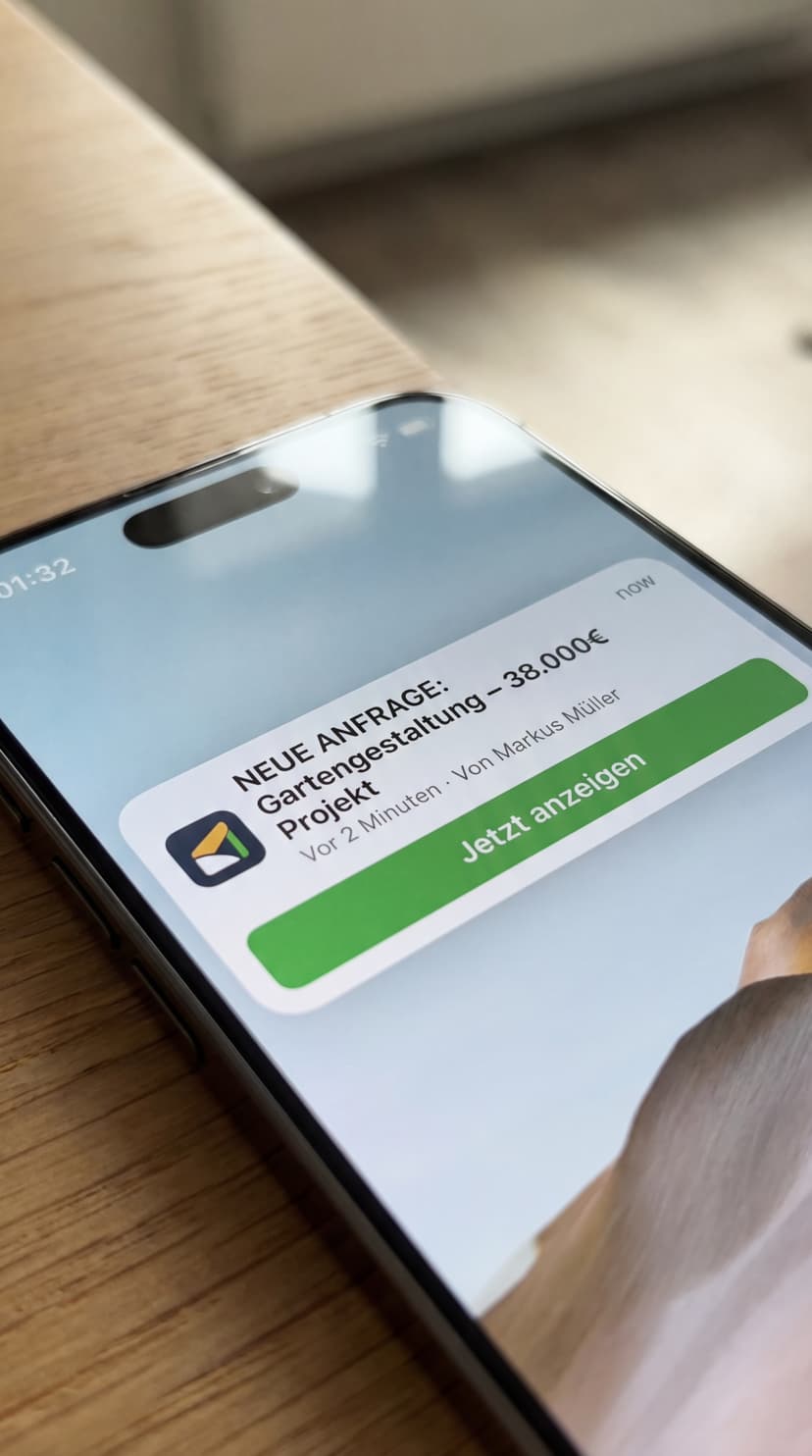 Smartphone mit eingehender Premium-Anfrage: Gartengestaltung 38.000€