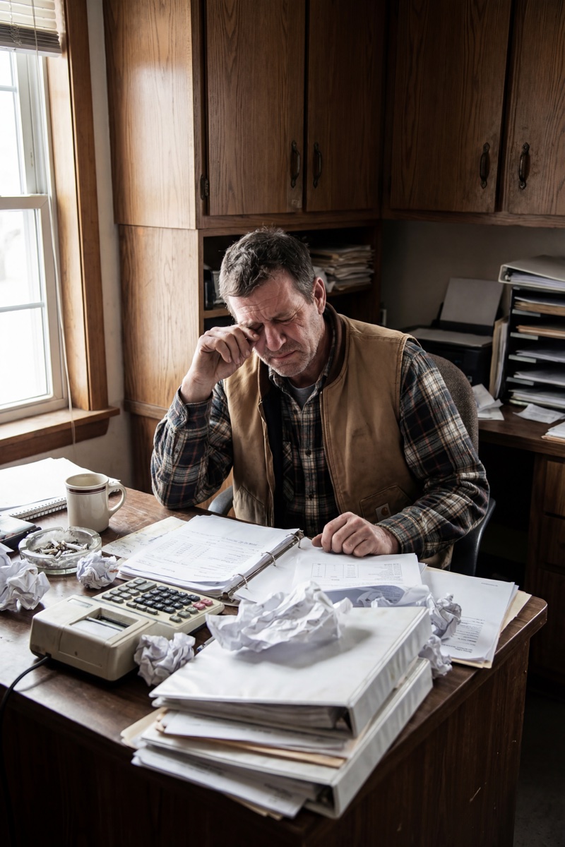 Frustrierter GaLaBau-Unternehmer am Schreibtisch mit Papierkram